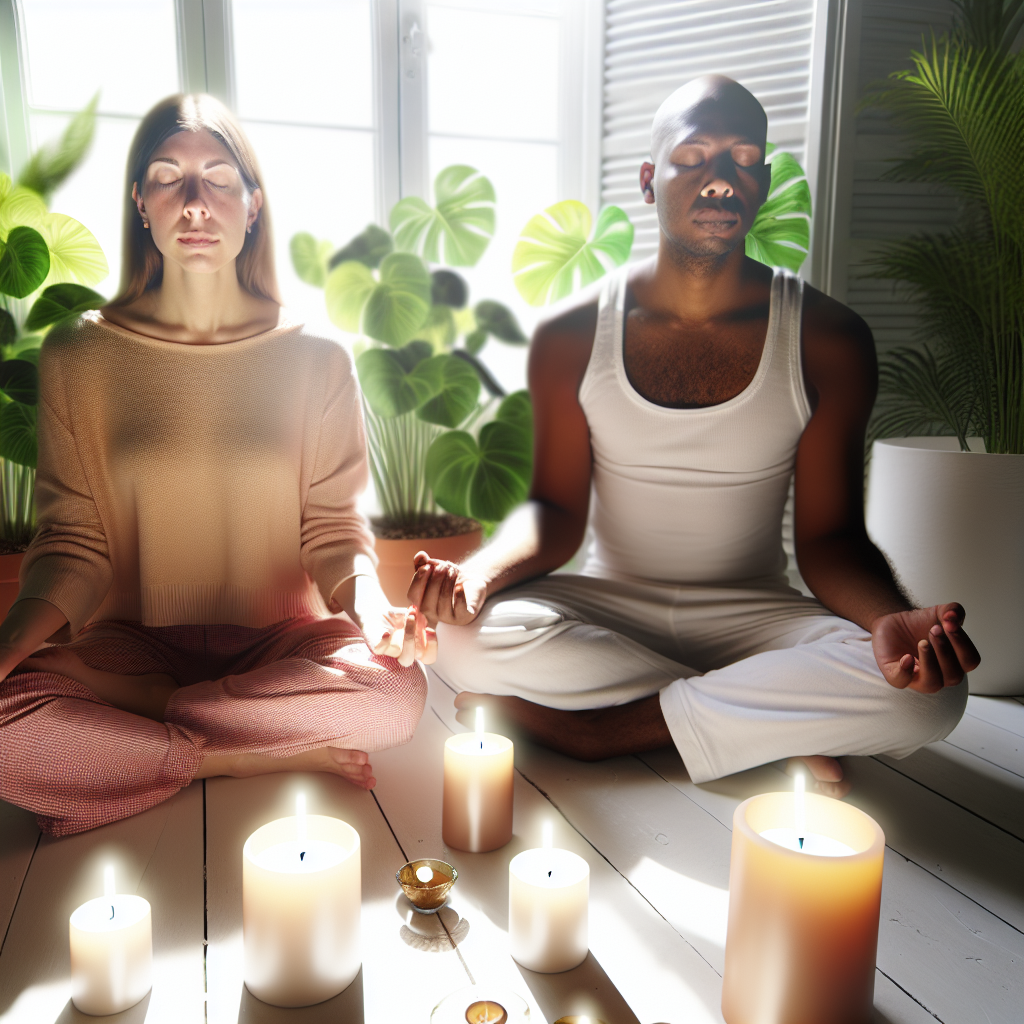 Two people are meditating in a room with lit candles and plants.
