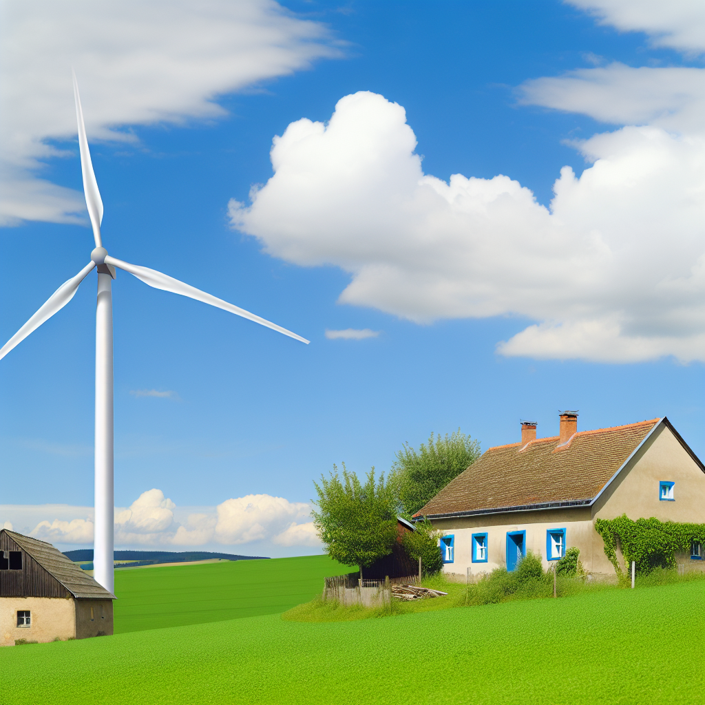 A wind turbine and a house in a rural area with green fields and a blue sky with clouds.