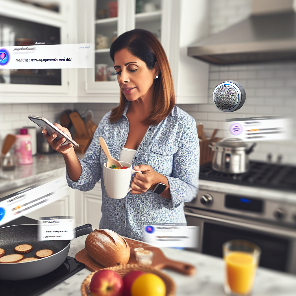 A woman in a modern kitchen is using a smartphone while holding a cup with a spoon inside. There is a frying pan with food, a loaf of bread, apples, and a glass of orange juice on the counter. A smart speaker is also visible.