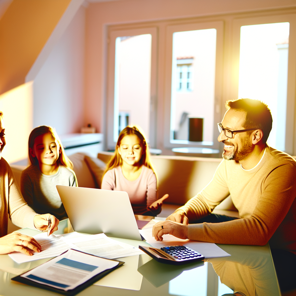A family is sitting together at a table with a laptop, documents, and a calculator, smiling and talking.