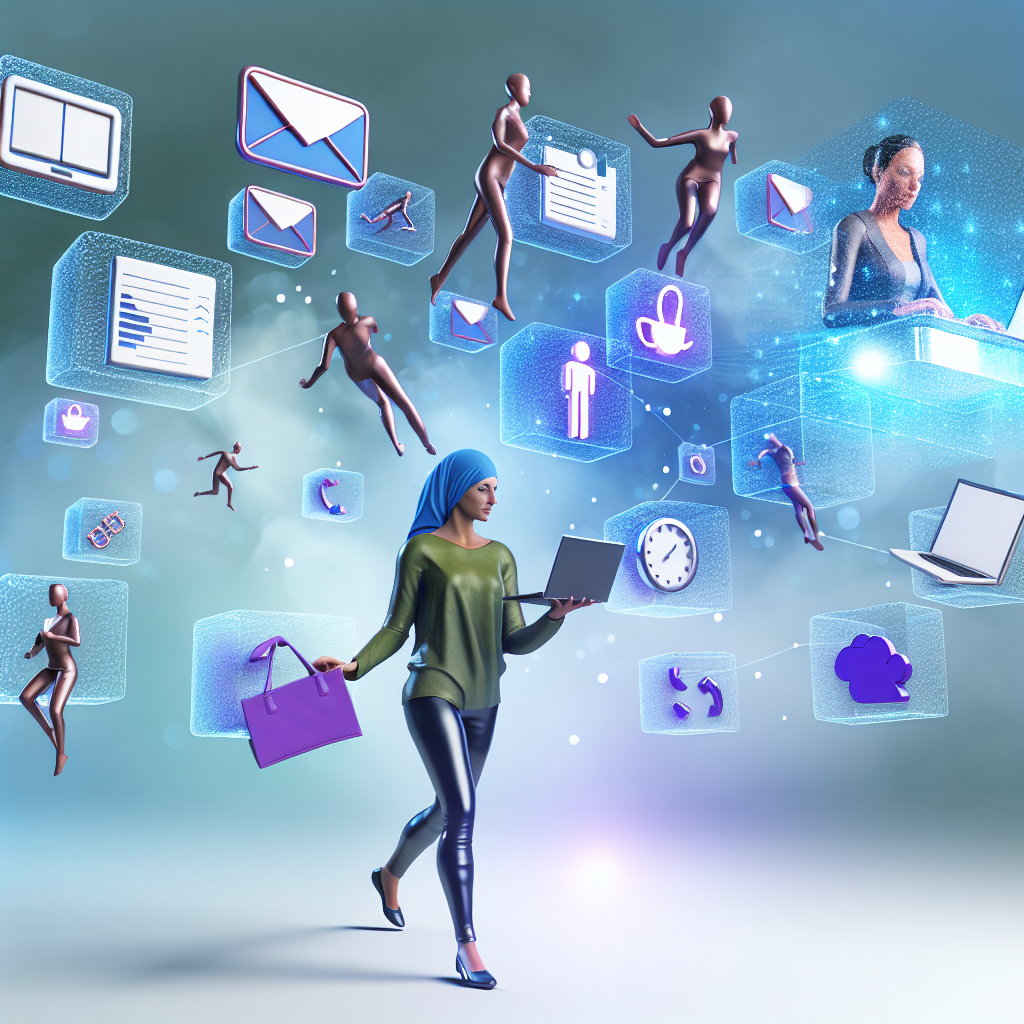 A woman with a laptop and shopping bag surrounded by floating icons and digital elements like emails, clocks, and documents.