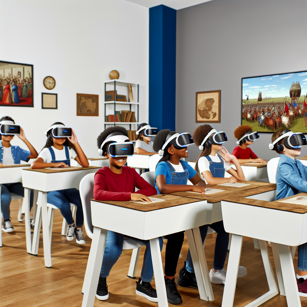 Children in a classroom wearing virtual reality headsets.