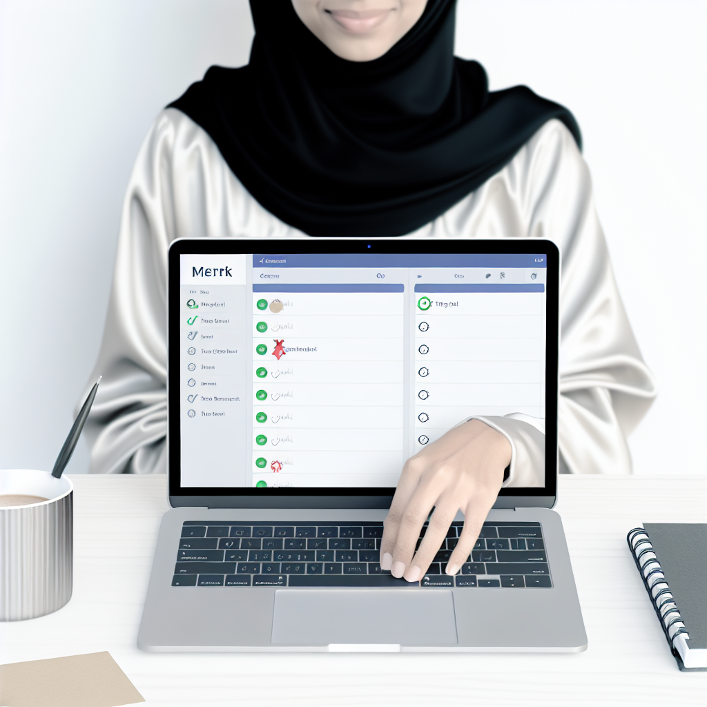 O femeie in hijab foloseste un laptop, pe ecranul caruia este deschisa o aplicatie de gestionare a sarcinilor. Pe birou se afla o ceasca de cafea, un stilou si un carnetel.
