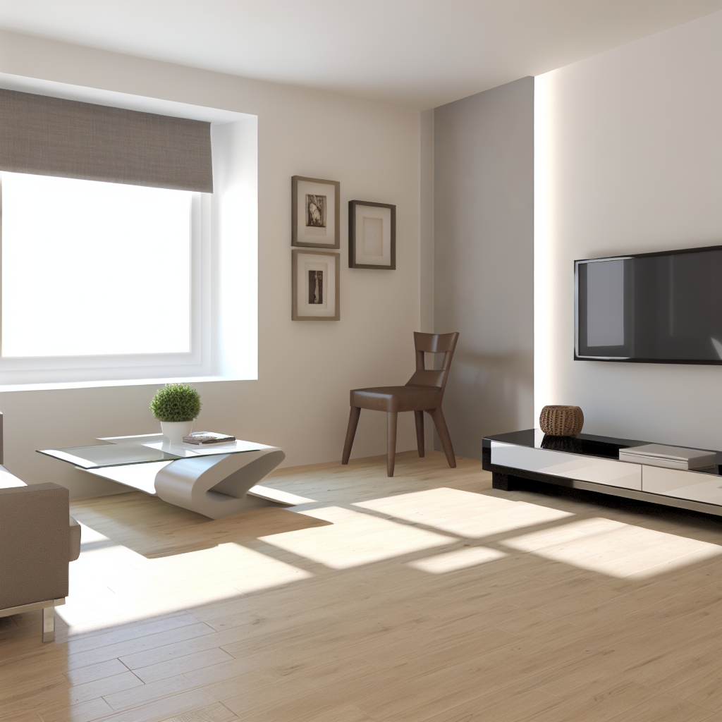 A modern living room with light wooden flooring, a flat-screen TV mounted on the wall, a sleek coffee table with a plant on it, a chair in the corner, framed pictures on the wall, and a sunlit window with a grey blind.