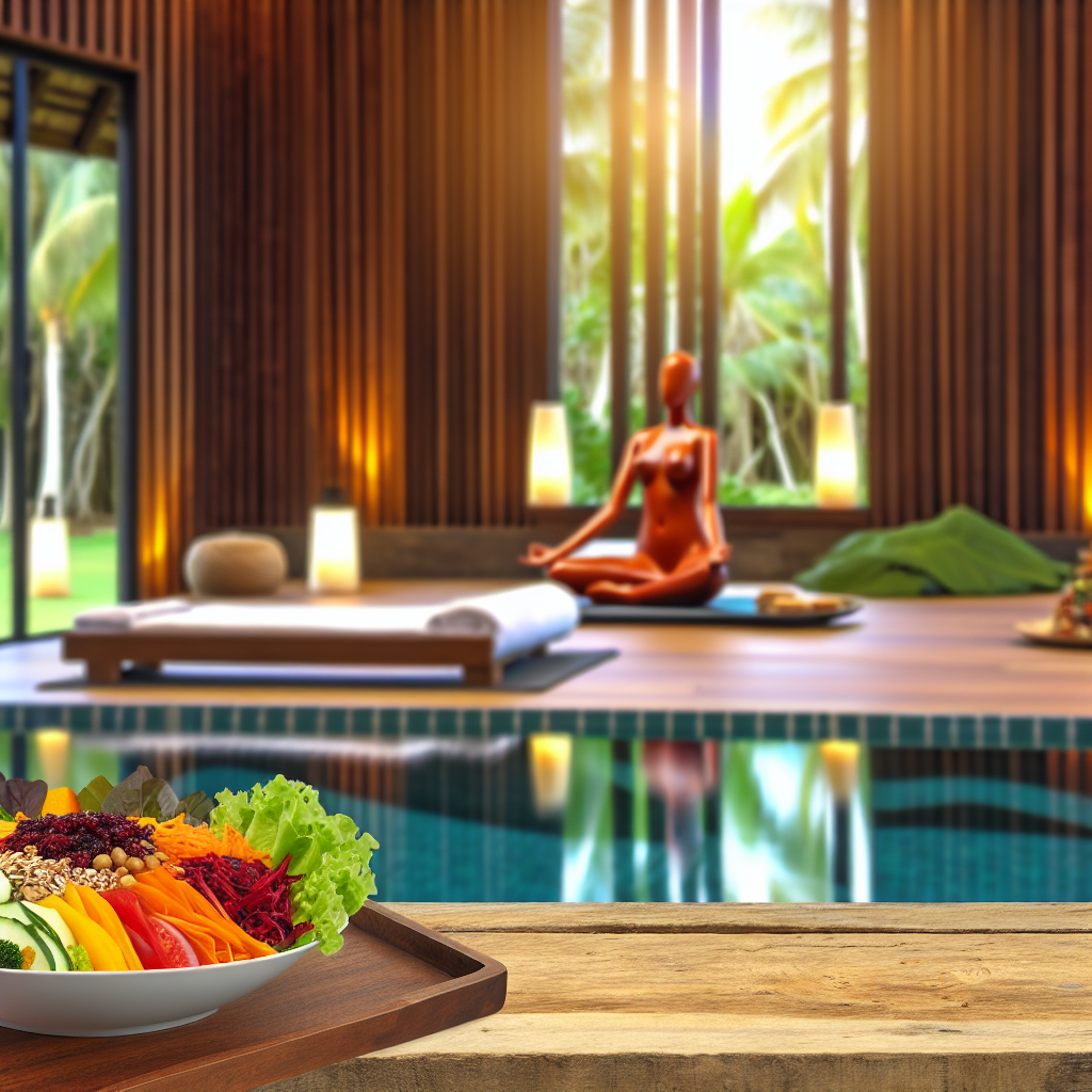 A bowl of salad with various vegetables in front of a poolside area with a yoga figure in a meditative pose.