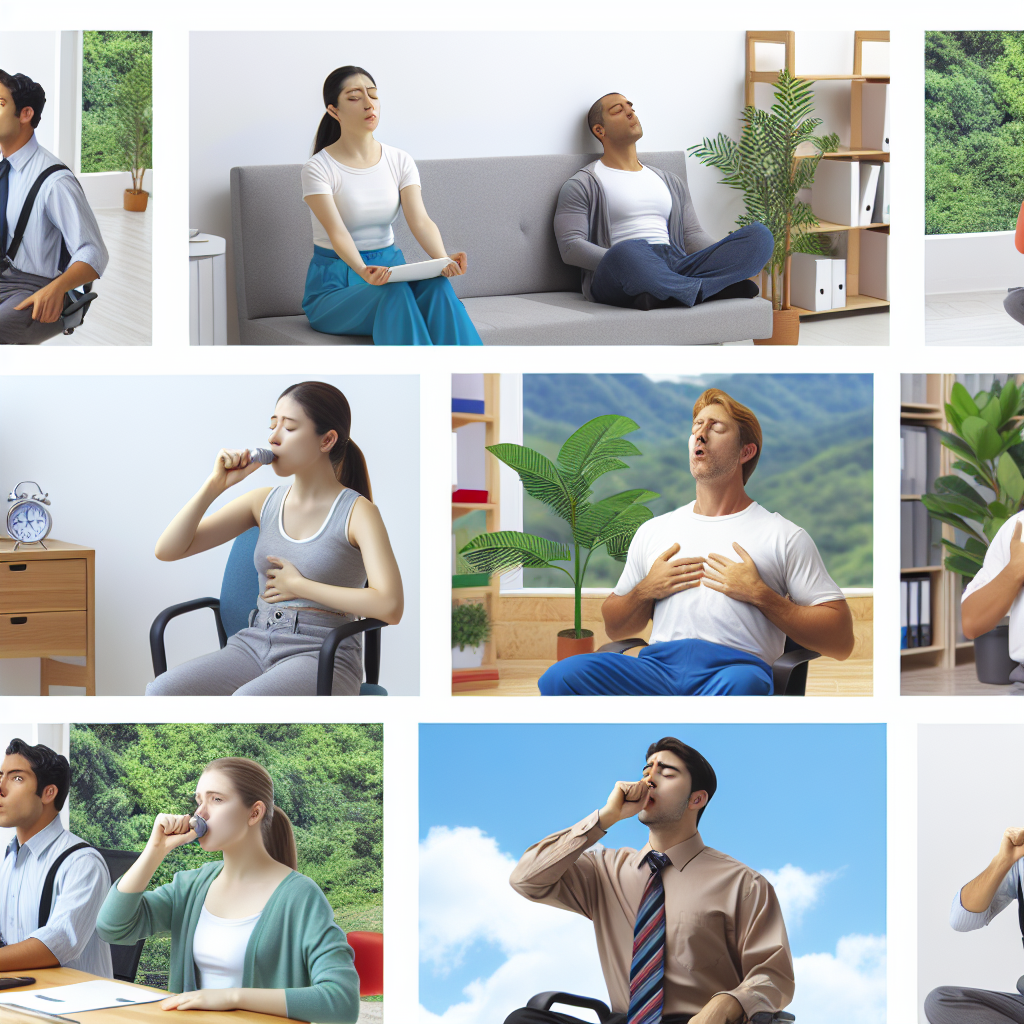 Oameni folosind inhalatoare si practicand tehnici de respiratie.