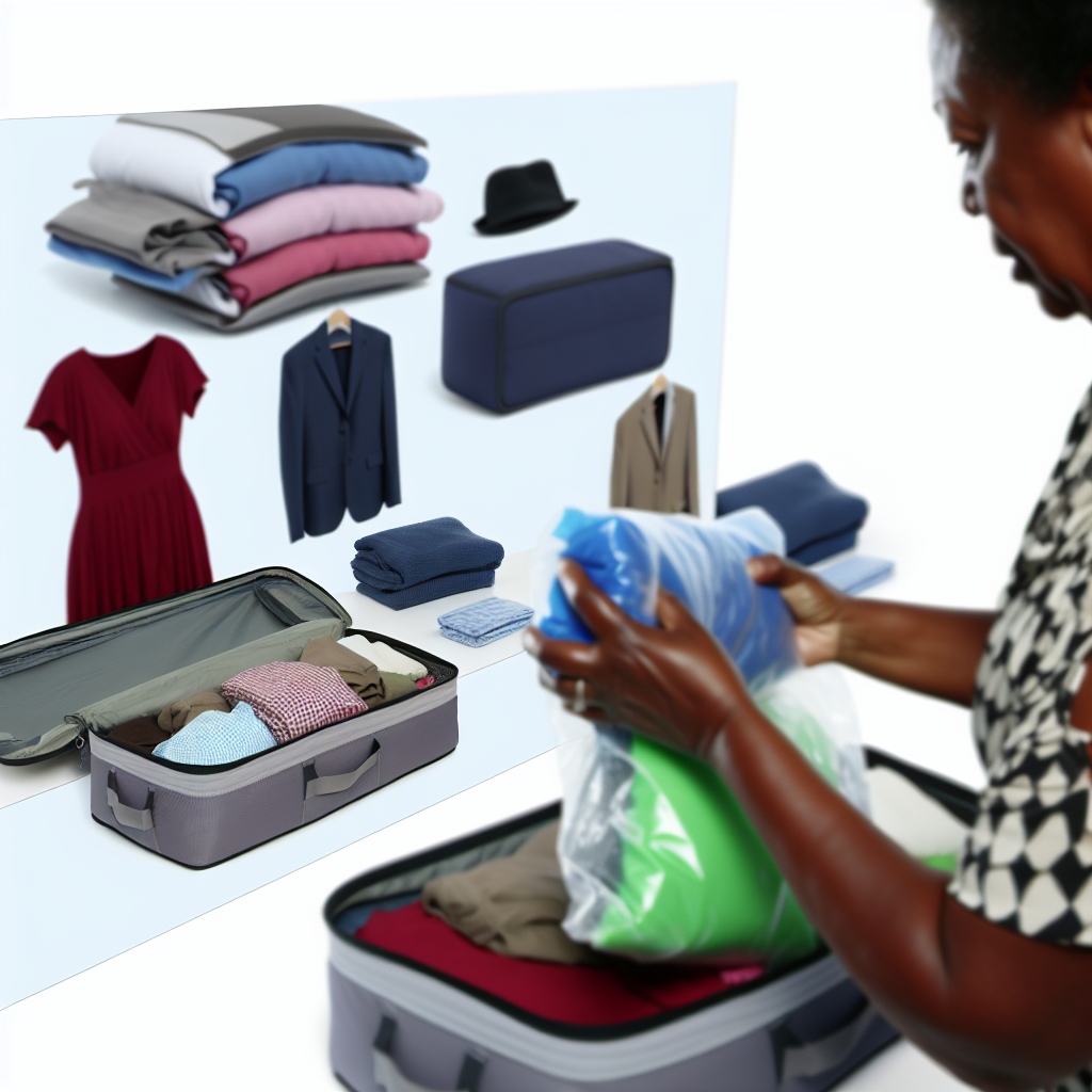 A person packing a suitcase with clothes.