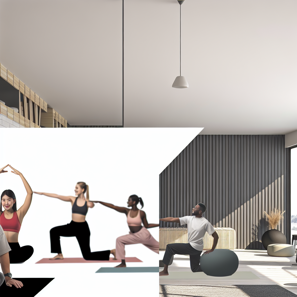 People practicing yoga poses in a modern indoor studio.