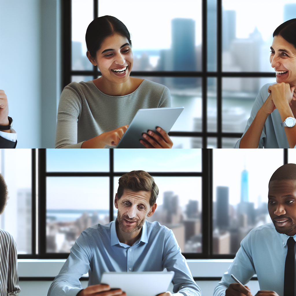 People in a meeting room looking at digital tablets and smiling.