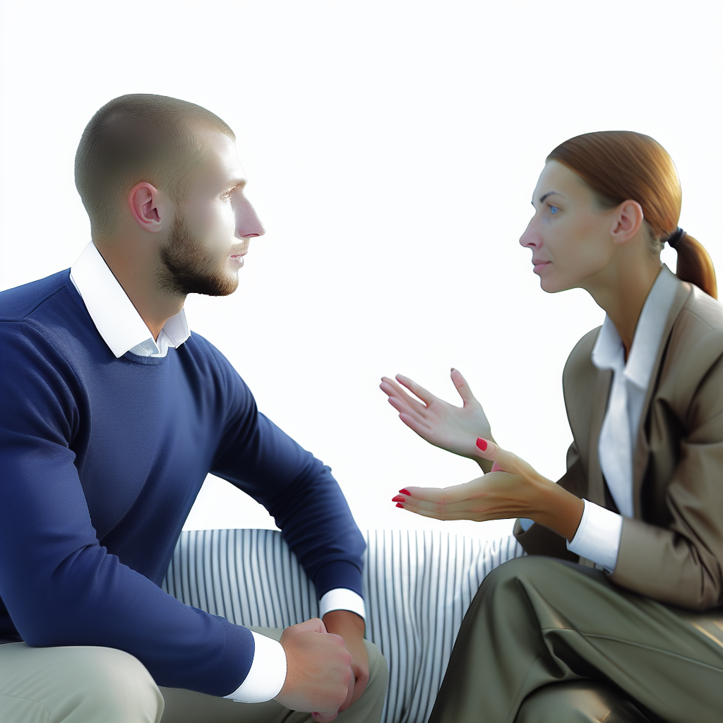 A man and a woman are sitting and having a conversation.