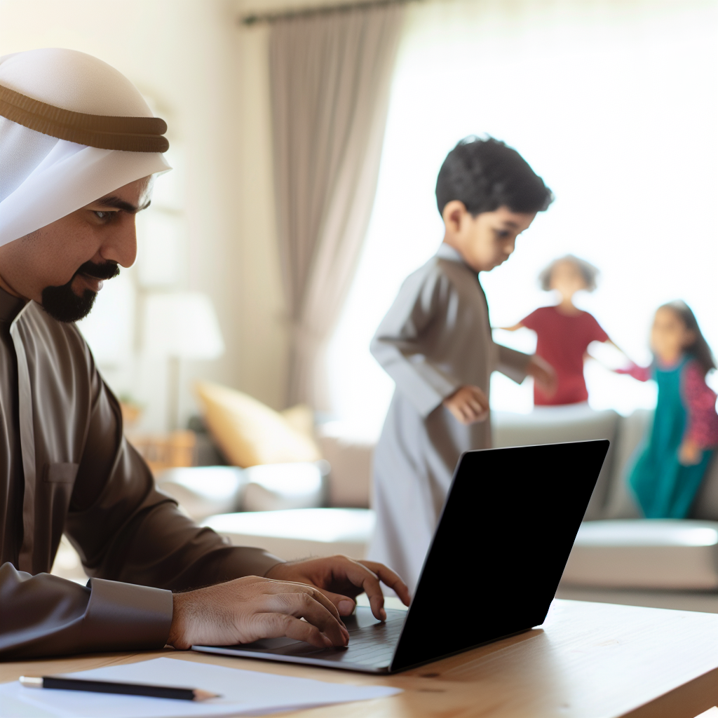 A man is working on a laptop while children play in the background.