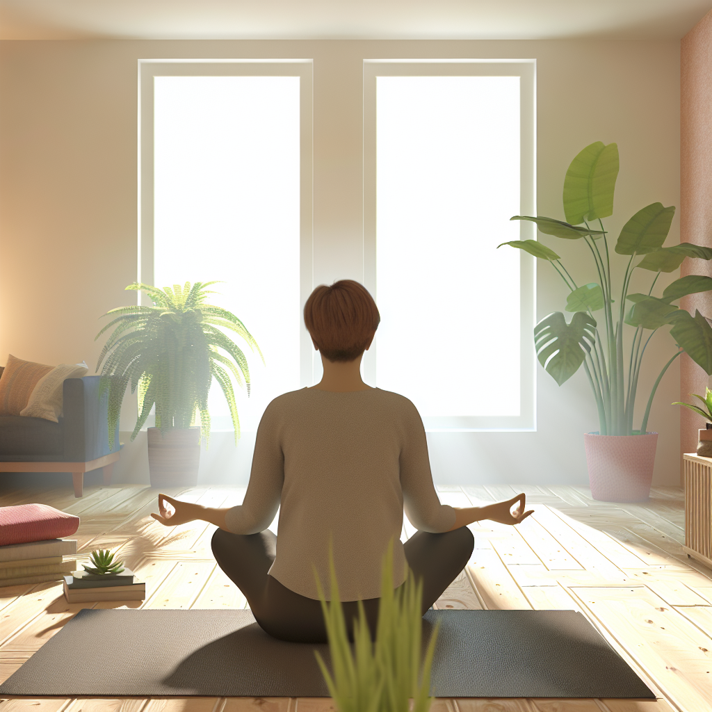 A person meditating on a yoga mat in a room with large windows and plants.