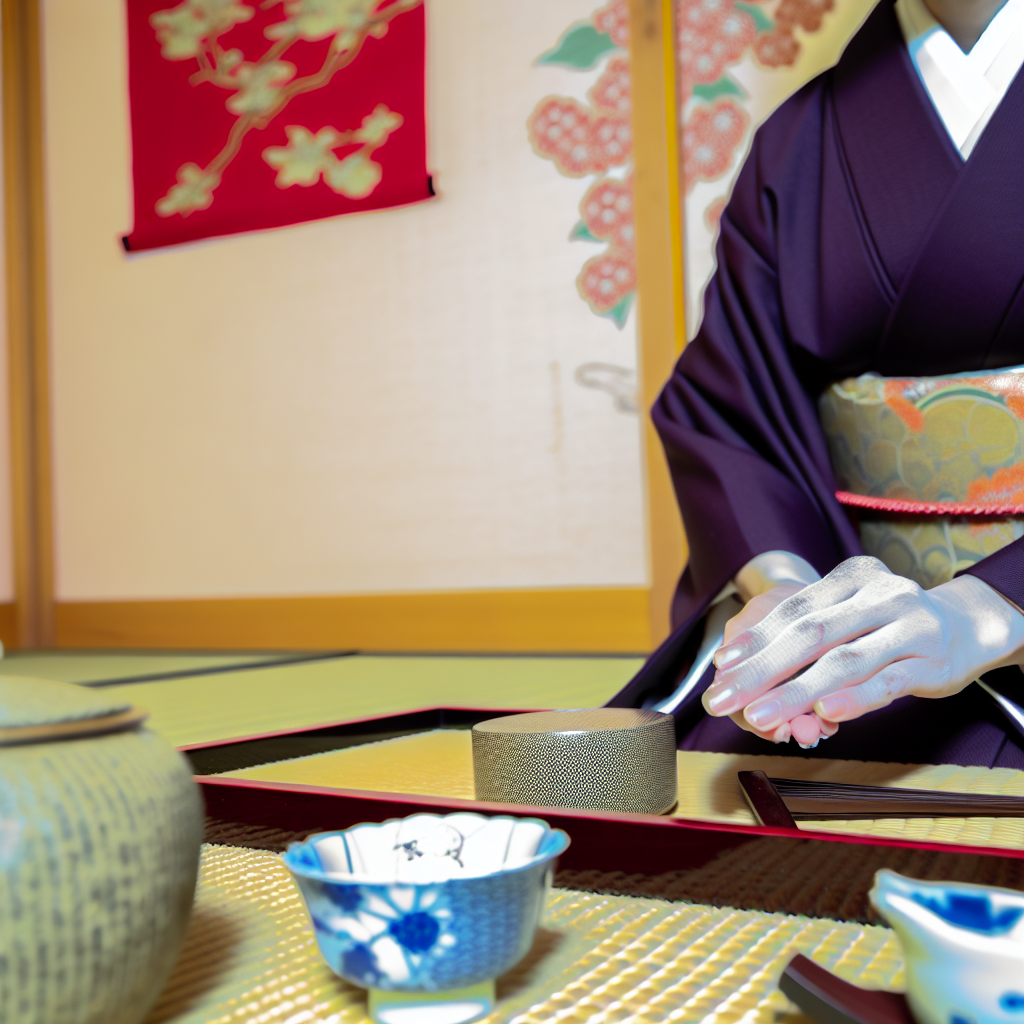 A person in a kimono performing a traditional Japanese tea ceremony with tea utensils on a tatami mat.