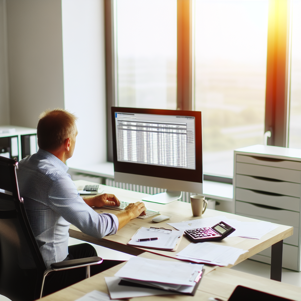 A person working on a computer with spreadsheets in an office.