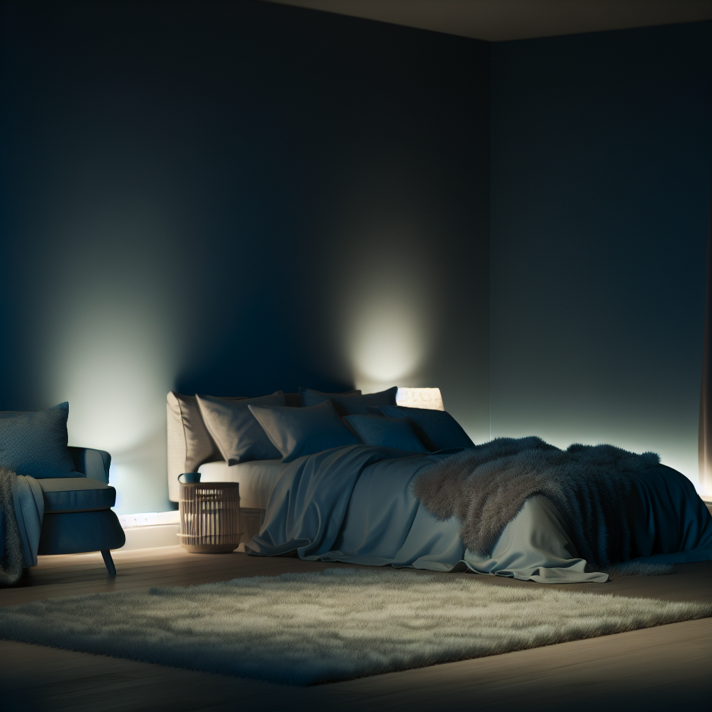 A cozy bedroom with a bed covered in blue bedding and a fur blanket, a chair with a draped blanket, a bedside table with a lamp, and a soft rug on the floor.