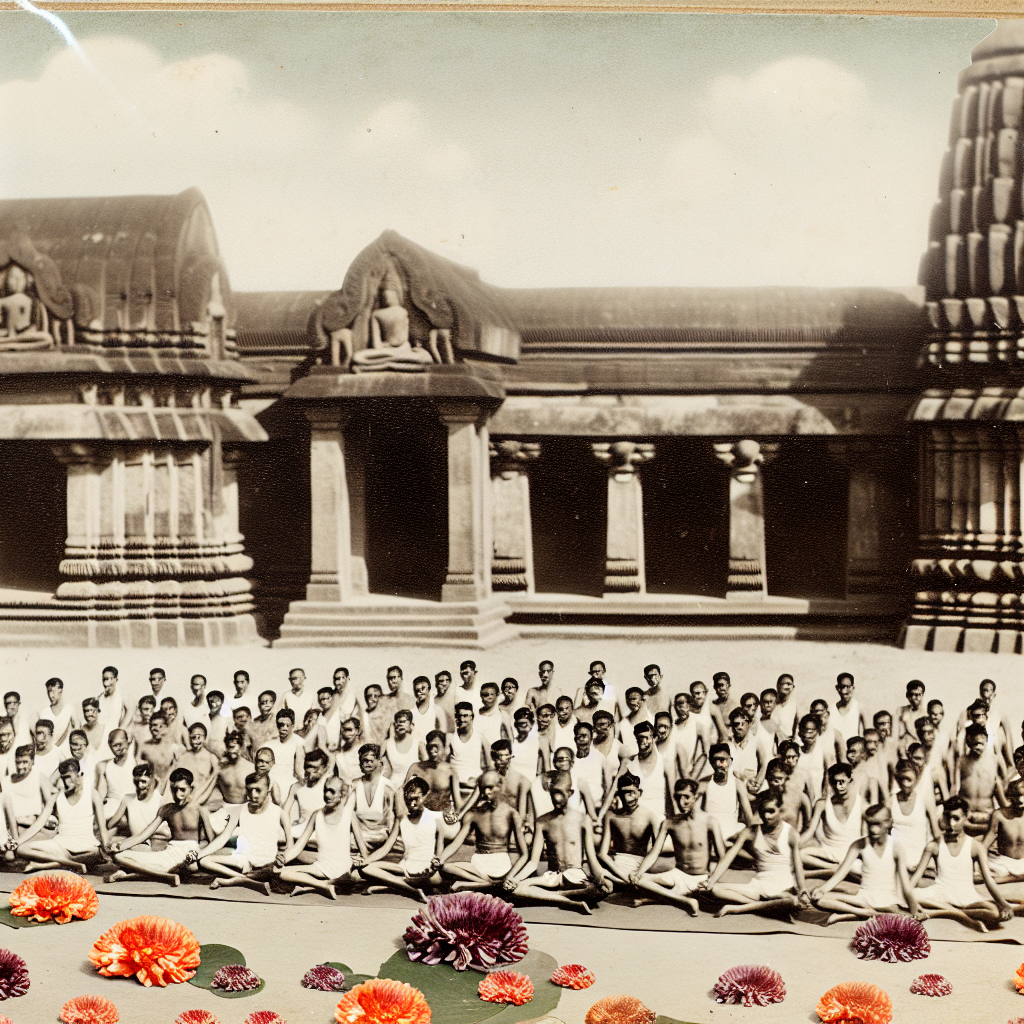A large group of people in white garments are sitting cross-legged in front of an ancient temple. There are flowers at the bottom of the image.