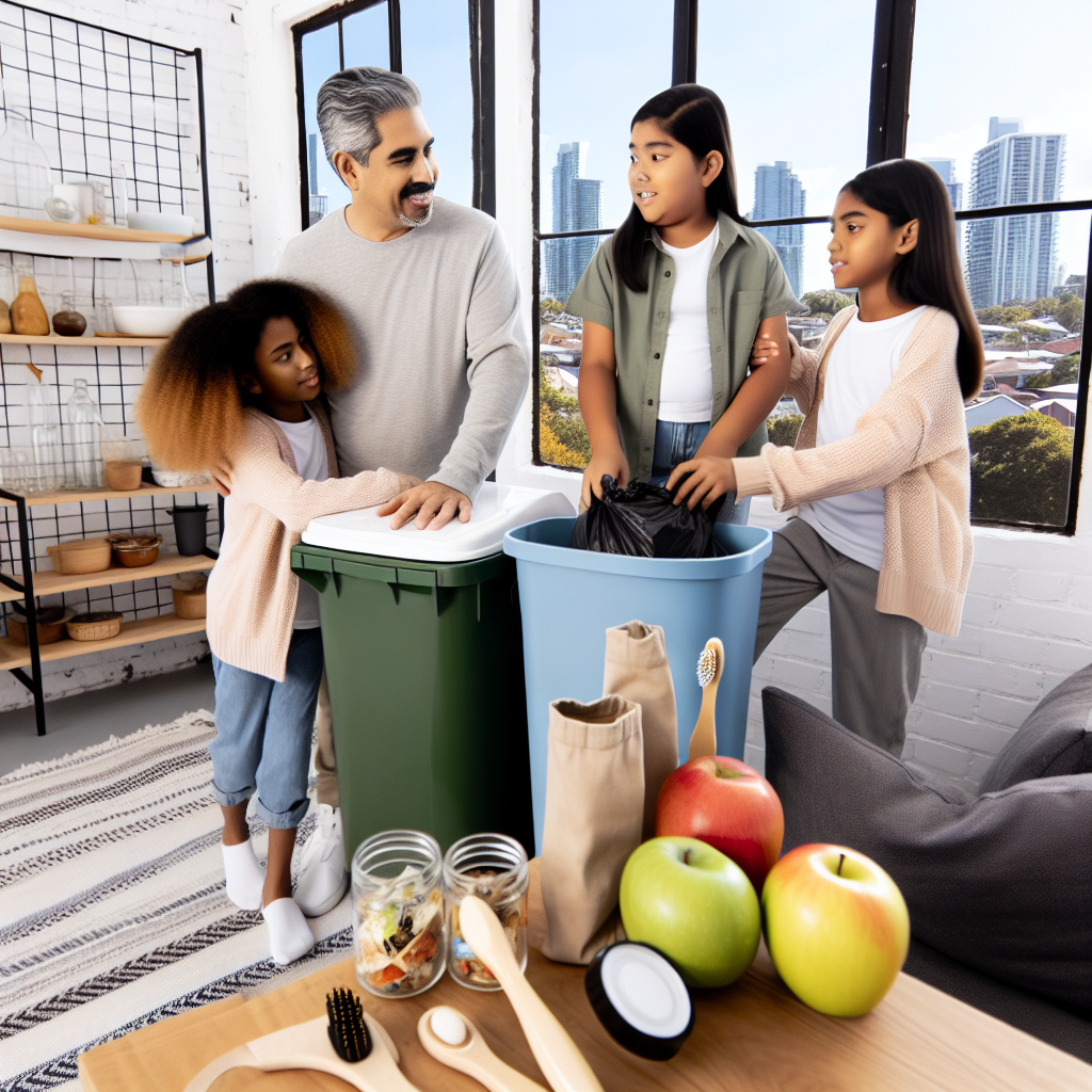 A man and three children are sorting waste in a room with large windows overlooking a city skyline. There are two bins, one blue and one green, and various eco-friendly items and fruits on a table.