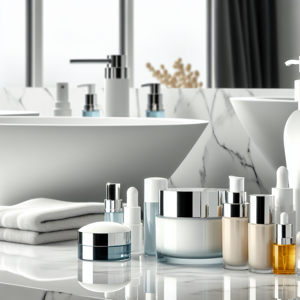 Produse cosmetice pe o masa de baie.
