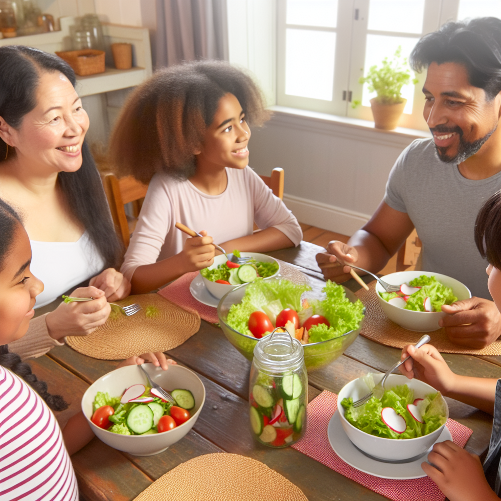 A family sitting at a dining table eating salad together.