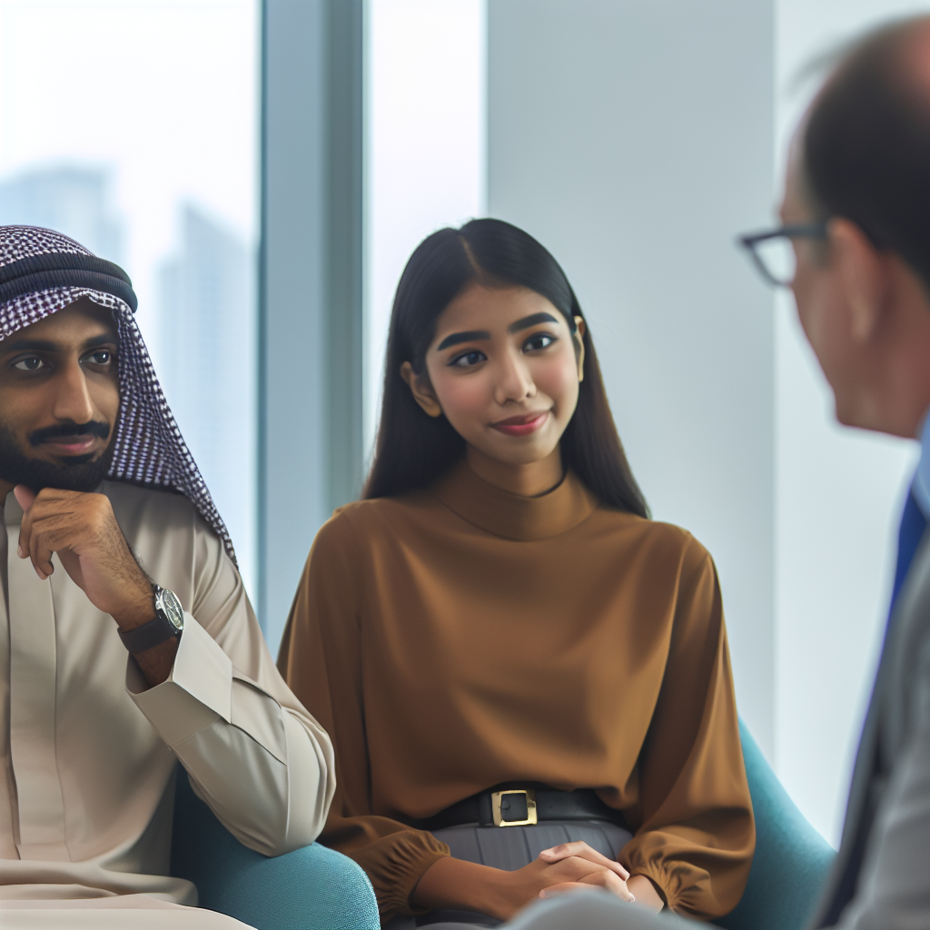 Three people are having a discussion in an office setting.
