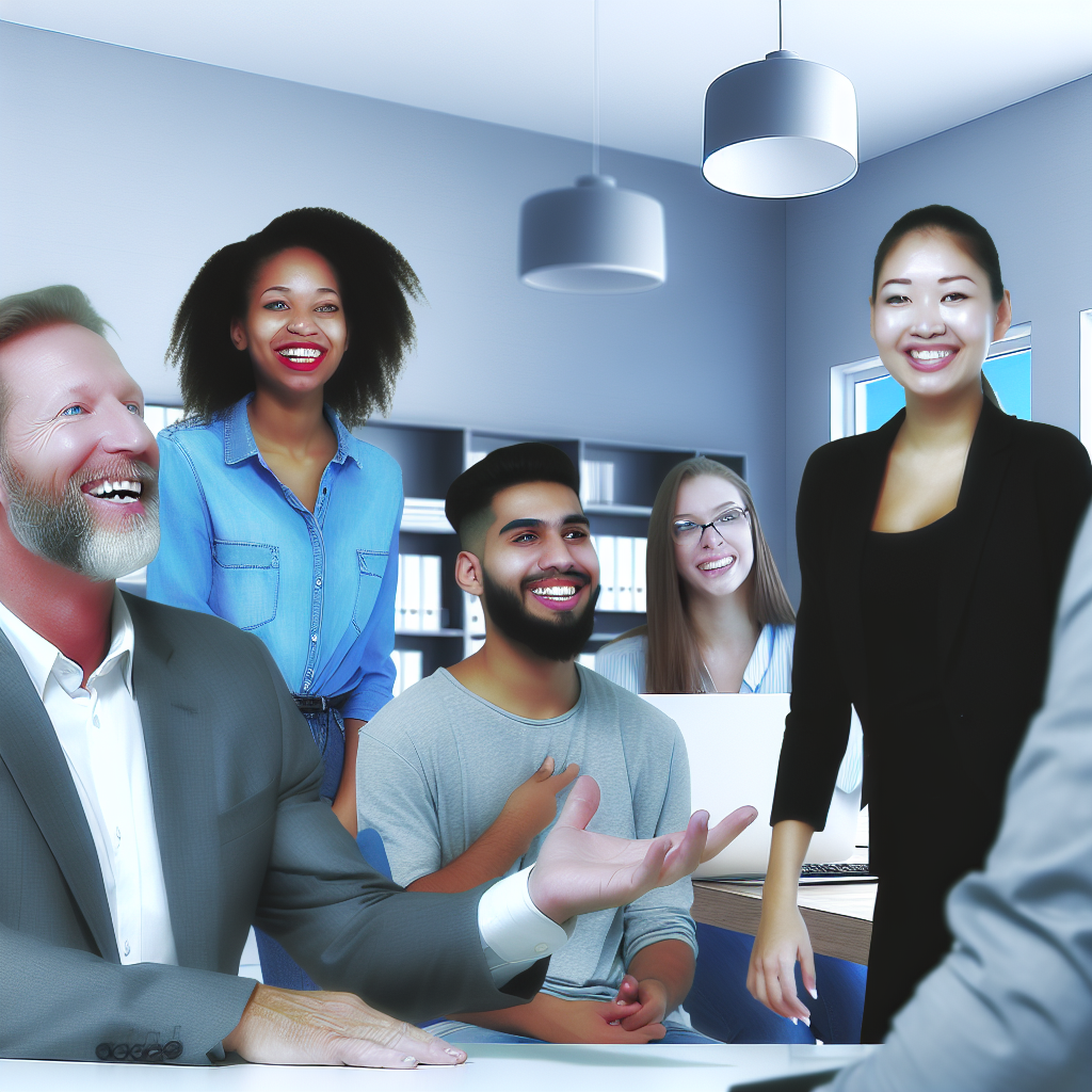 A group of people smiling and talking in an office setting.