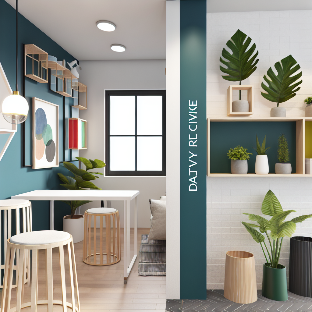 Interior modern al unei camere cu pereti albastri si albi, mobila minimalista, plante decorative si tablouri abstracte pe pereti.