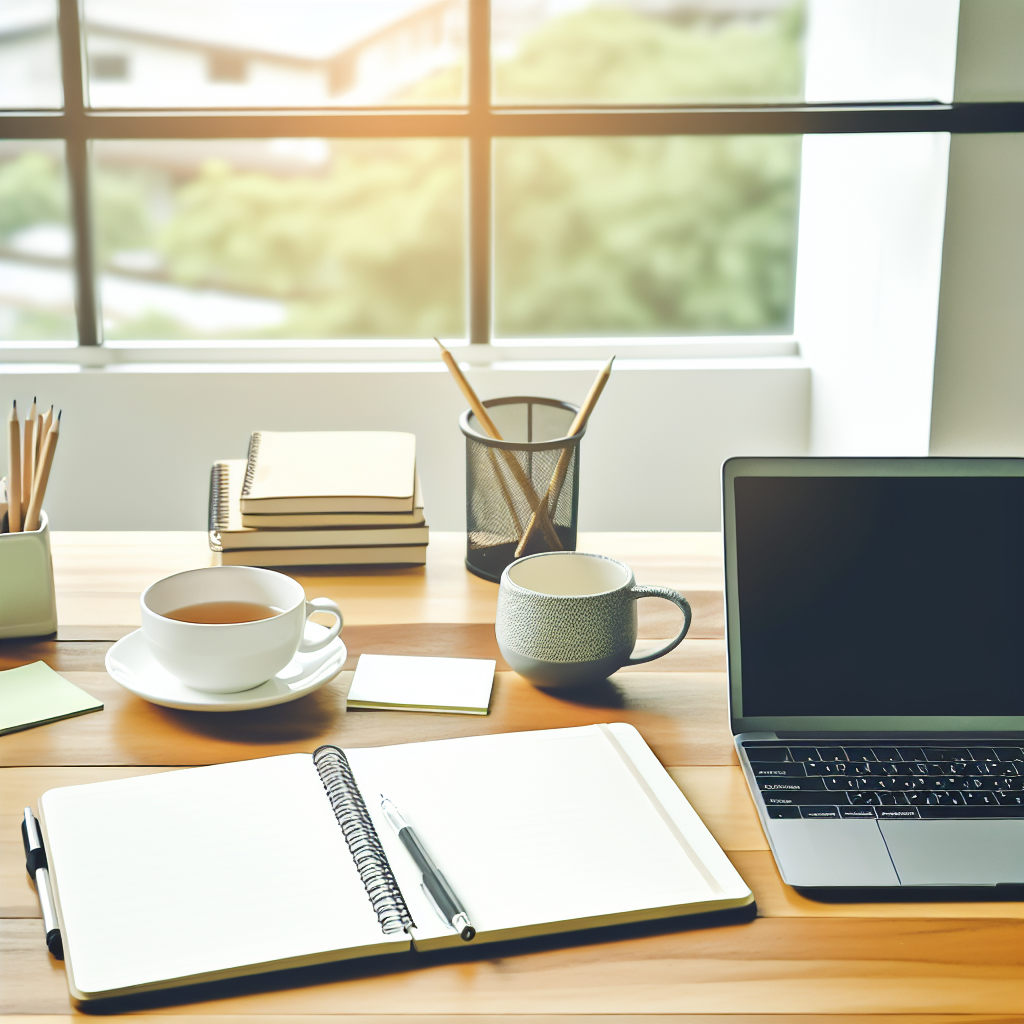 A desk with a laptop, a notebook, a pen, two cups, sticky notes, and some books.