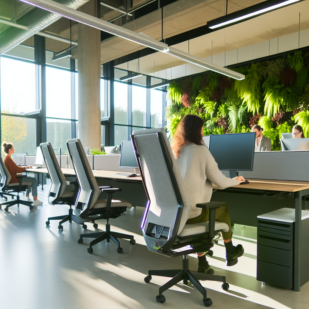 An open office space with people working at desks, featuring large windows and a green wall with plants.