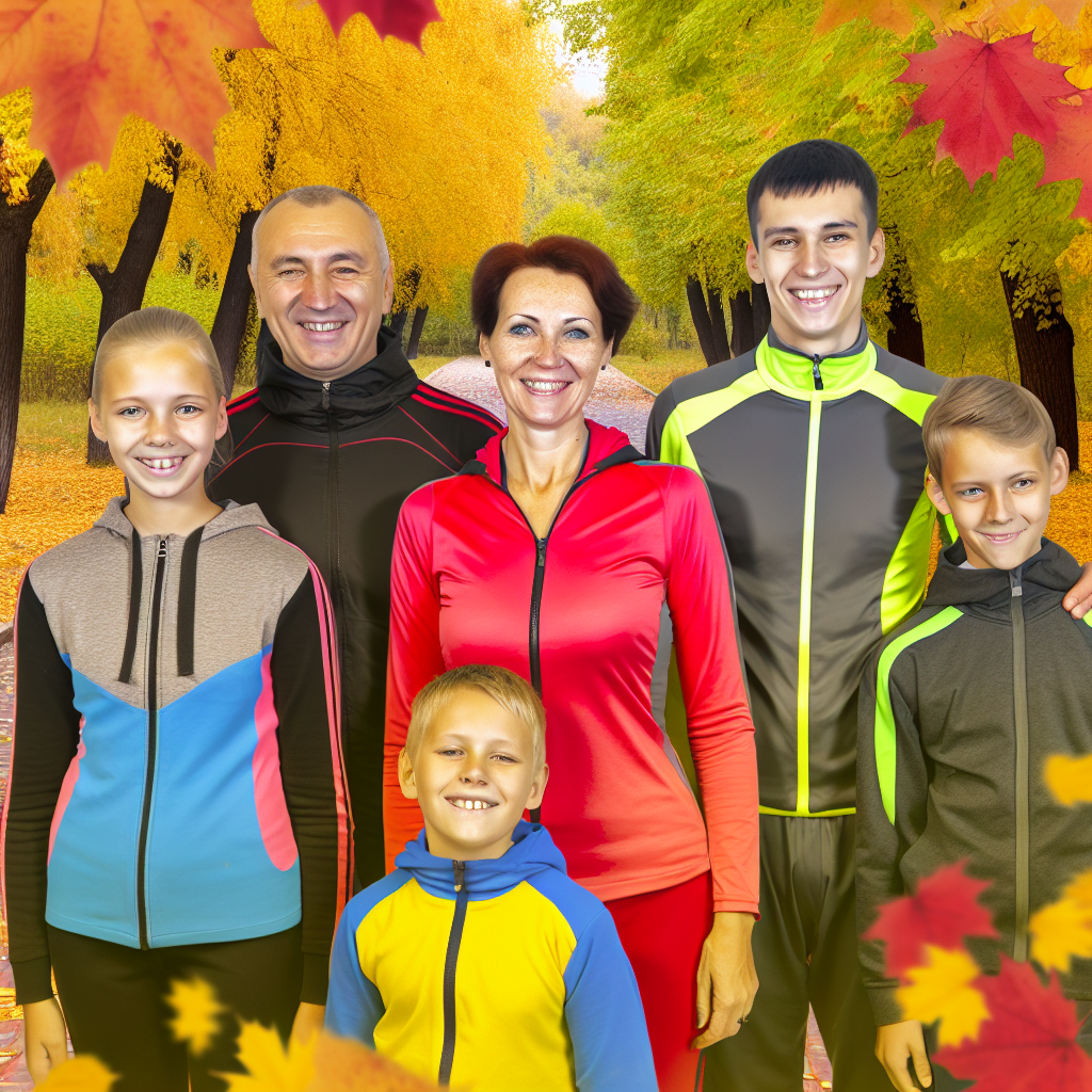A family wearing colorful sports outfits is posing outdoors in a park with autumn foliage.