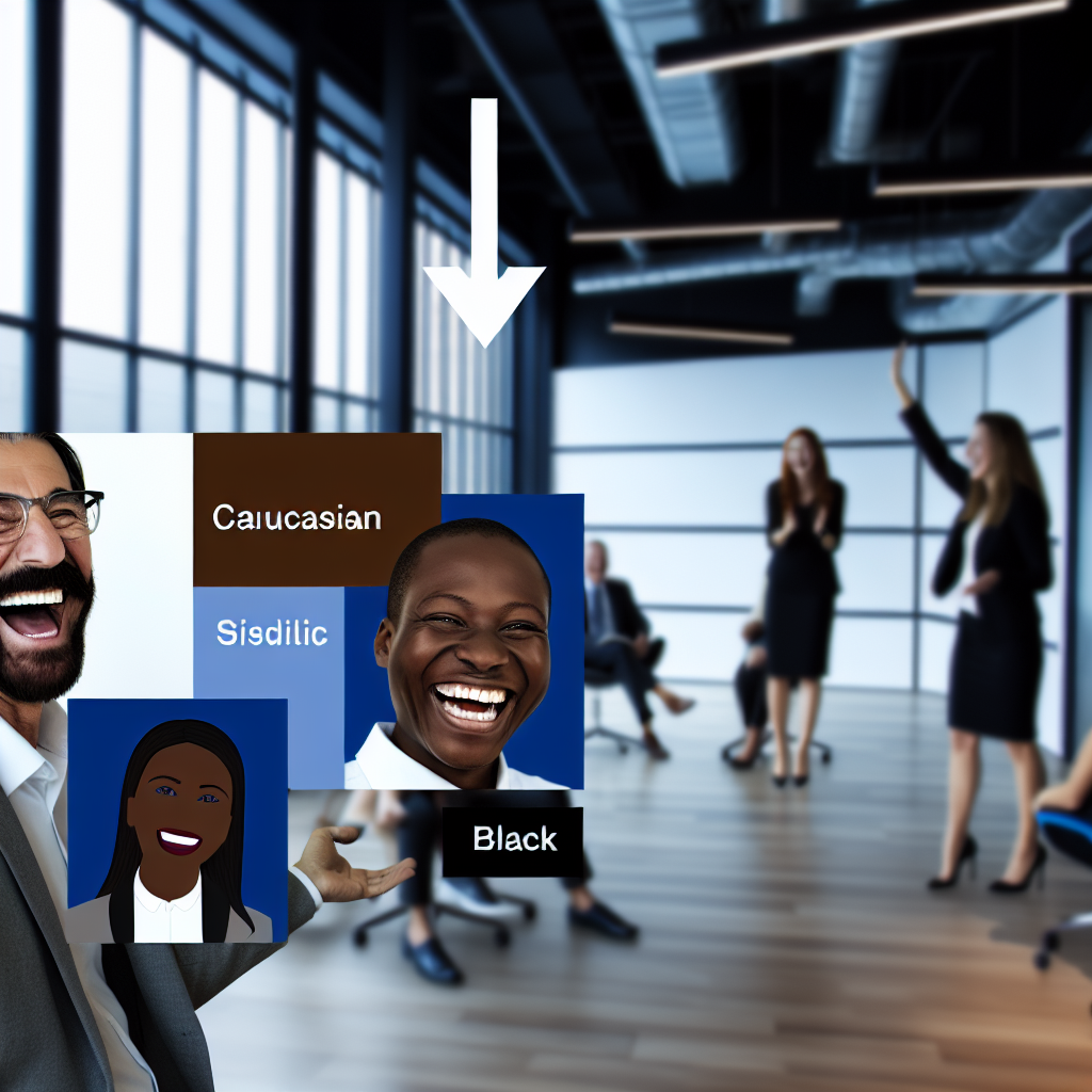 A business meeting room with a group of people discussing ideas, with an overlay showing different ethnic labels and images of laughing faces.