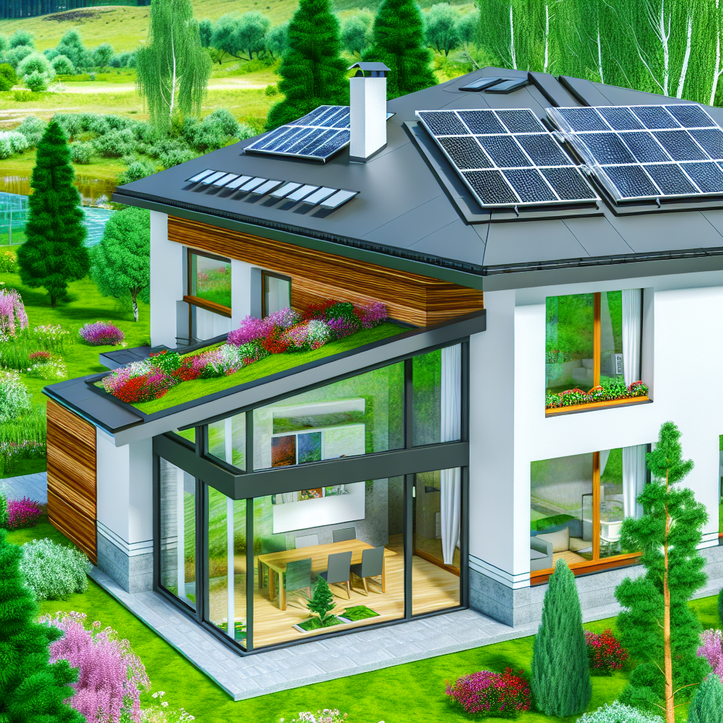 A modern house with large windows, solar panels on the roof, and a rooftop garden surrounded by a lush green landscape.