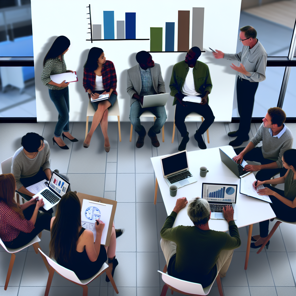 A business meeting with people sitting at tables with laptops and papers, and a presenter standing near a whiteboard with bar charts.