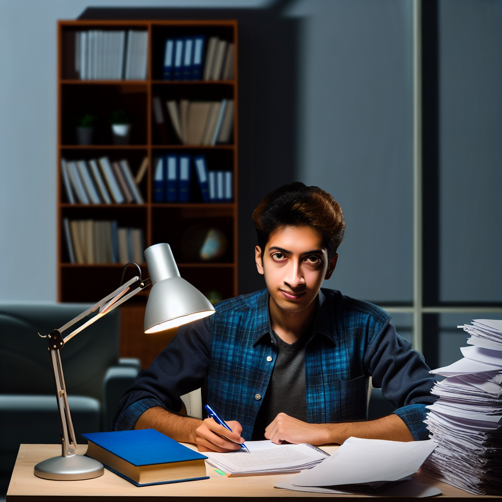 A person is sitting at a desk, writing in a notebook. There is a lamp, a book, and a stack of papers on the desk. A bookcase is in the background.