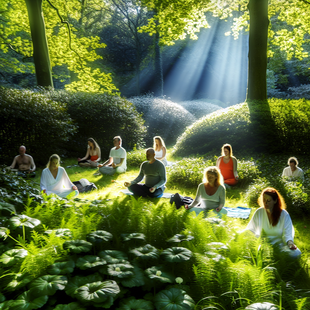A group of people meditating in a forest clearing.