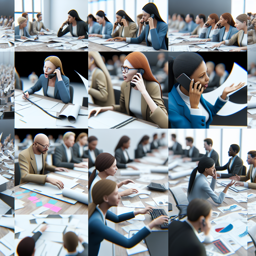 People working in a busy office environment, using phones and computers, and handling papers.