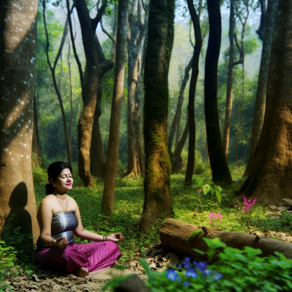A woman meditating in a forest.