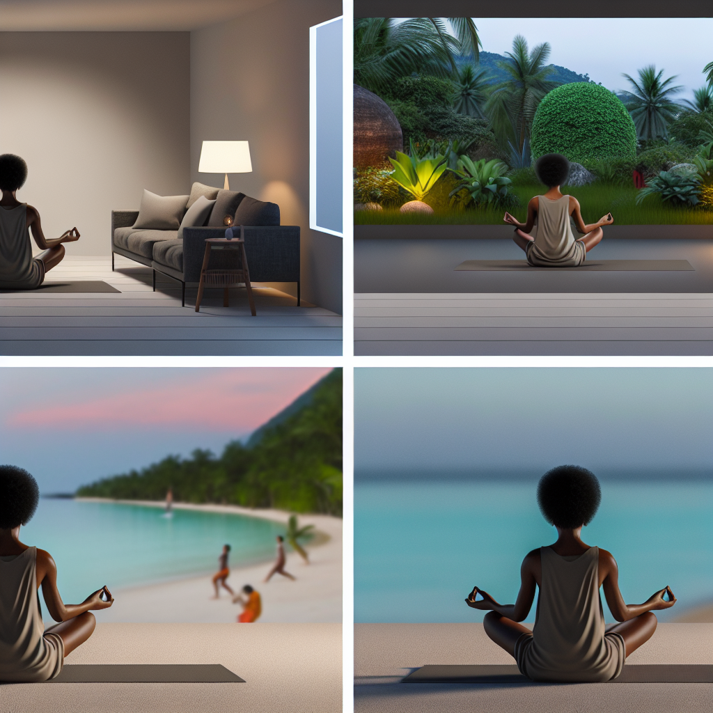 A person meditating in four different locations: a modern living room, a lush garden, a beach with people in the background, and a calm beach with clear water in the background.