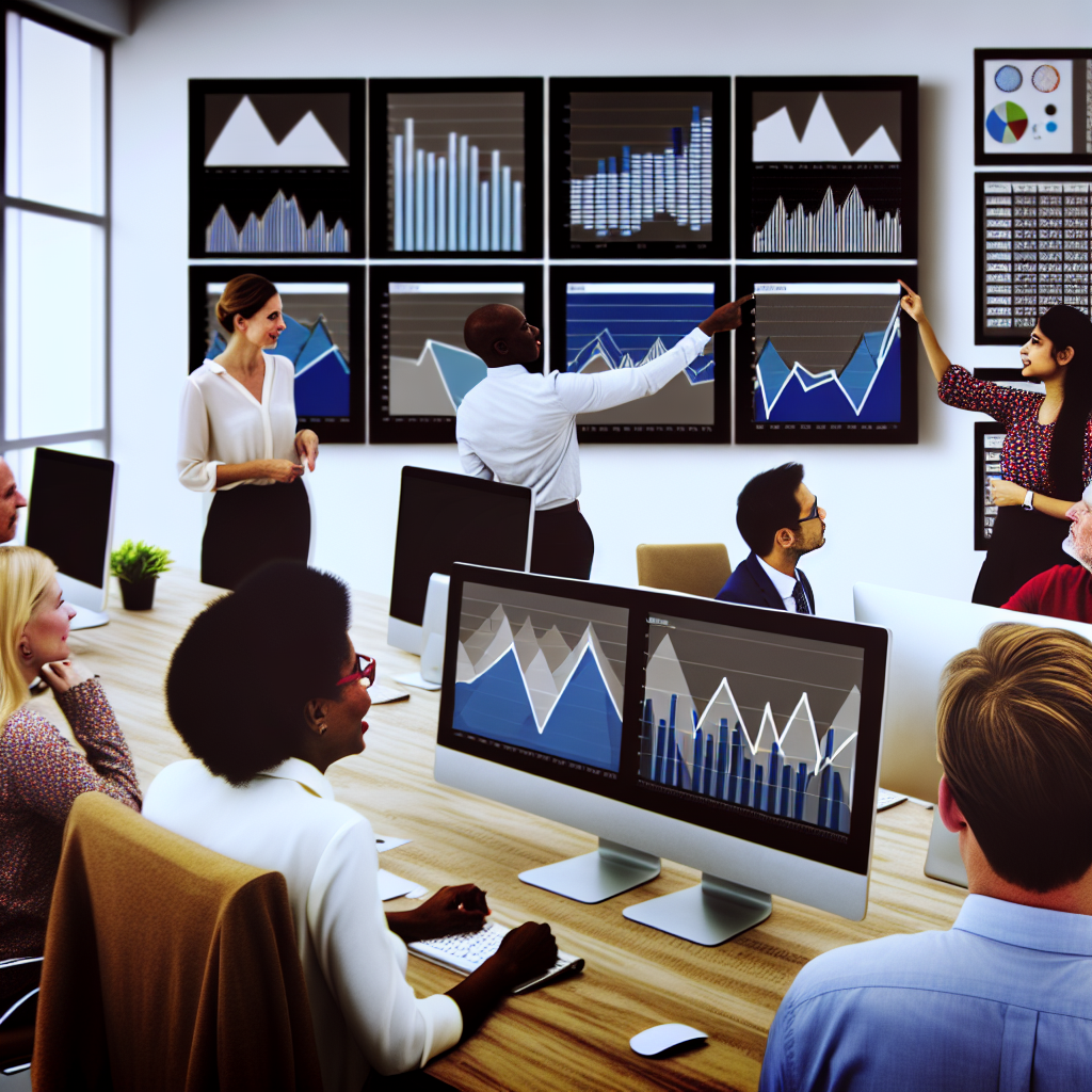 A group of people in an office is analyzing data and charts displayed on computer screens and wall monitors.