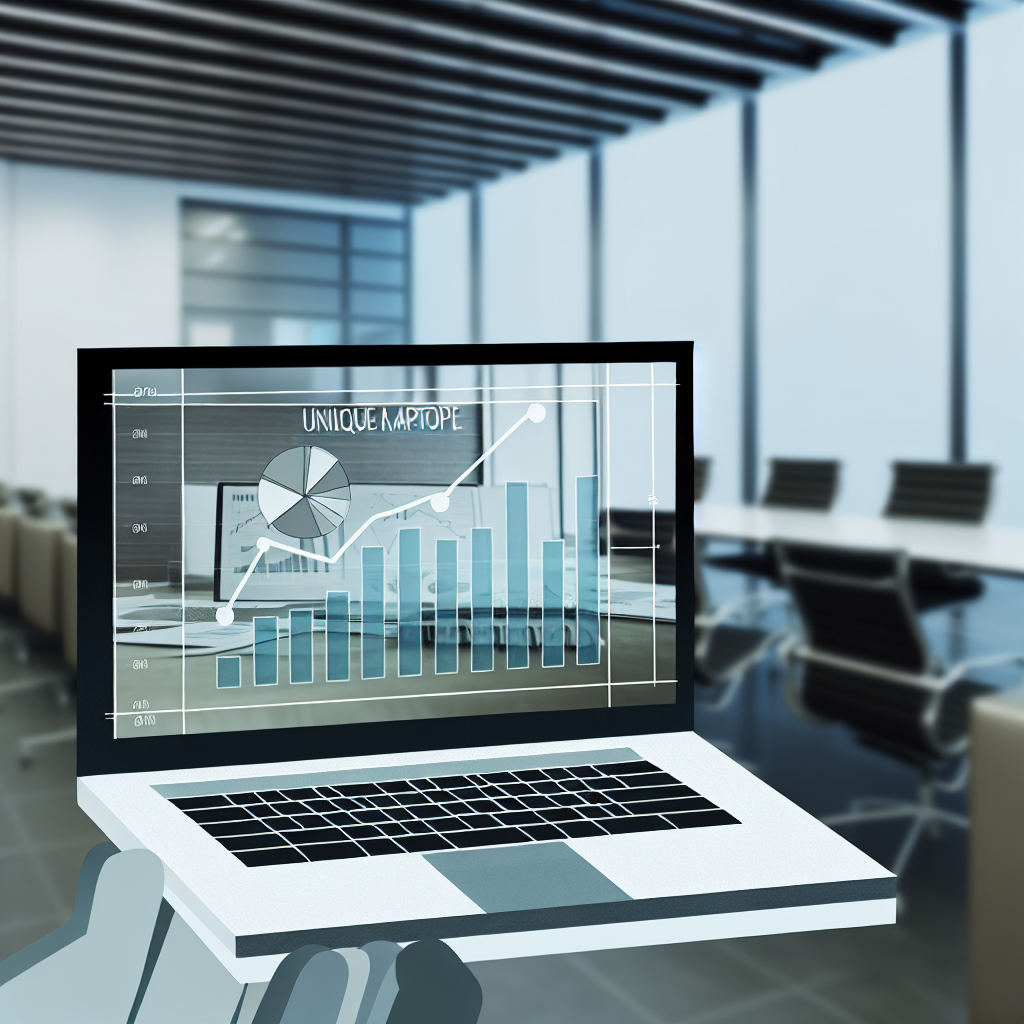 A laptop displaying charts and graphs in a conference room.