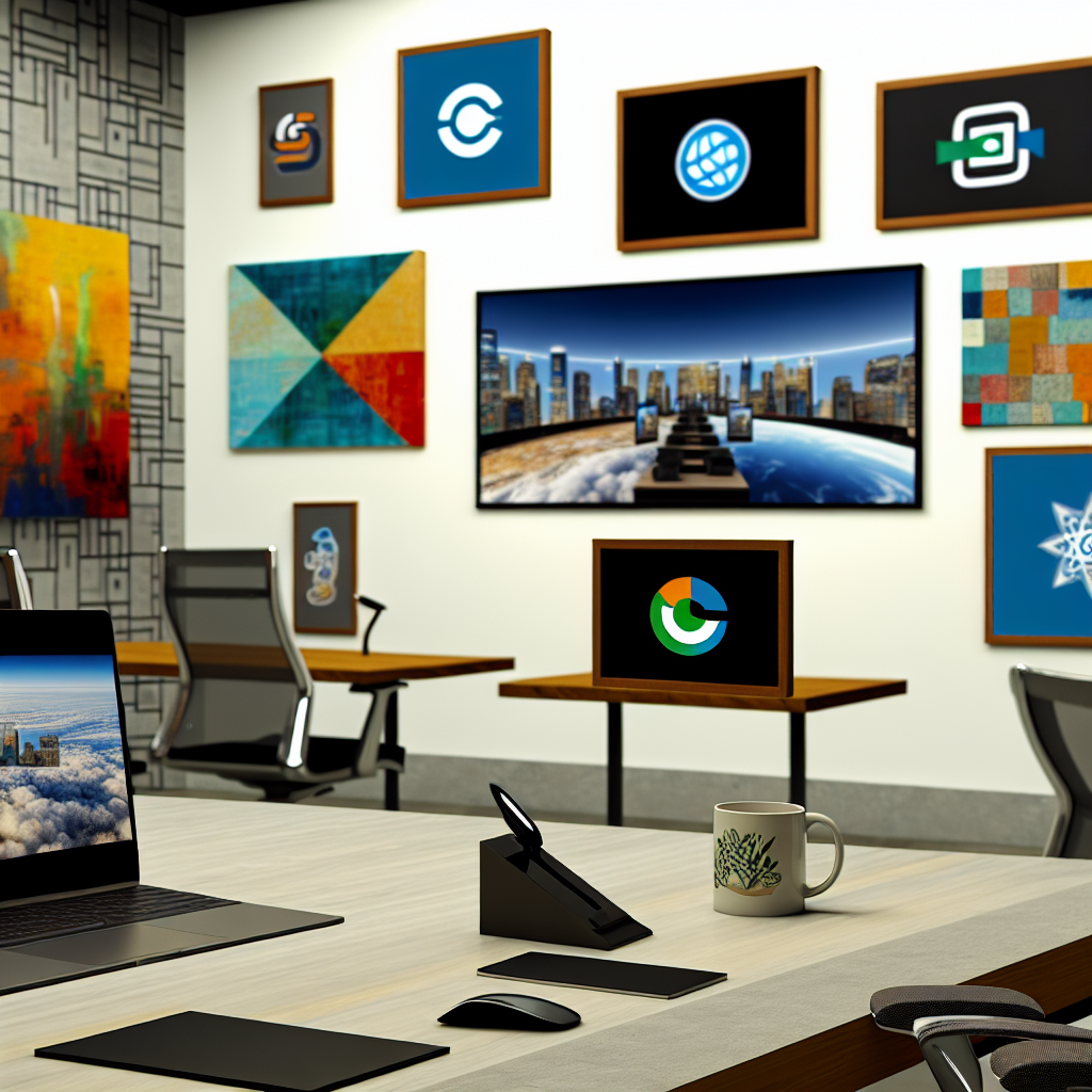 A modern office with desks, chairs, a laptop, a mug, and various digital displays and framed artwork on the walls.