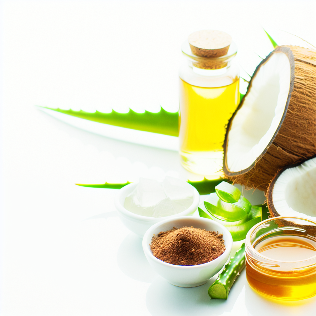Coconut, aloe, oil, honey, and powder in bowls.