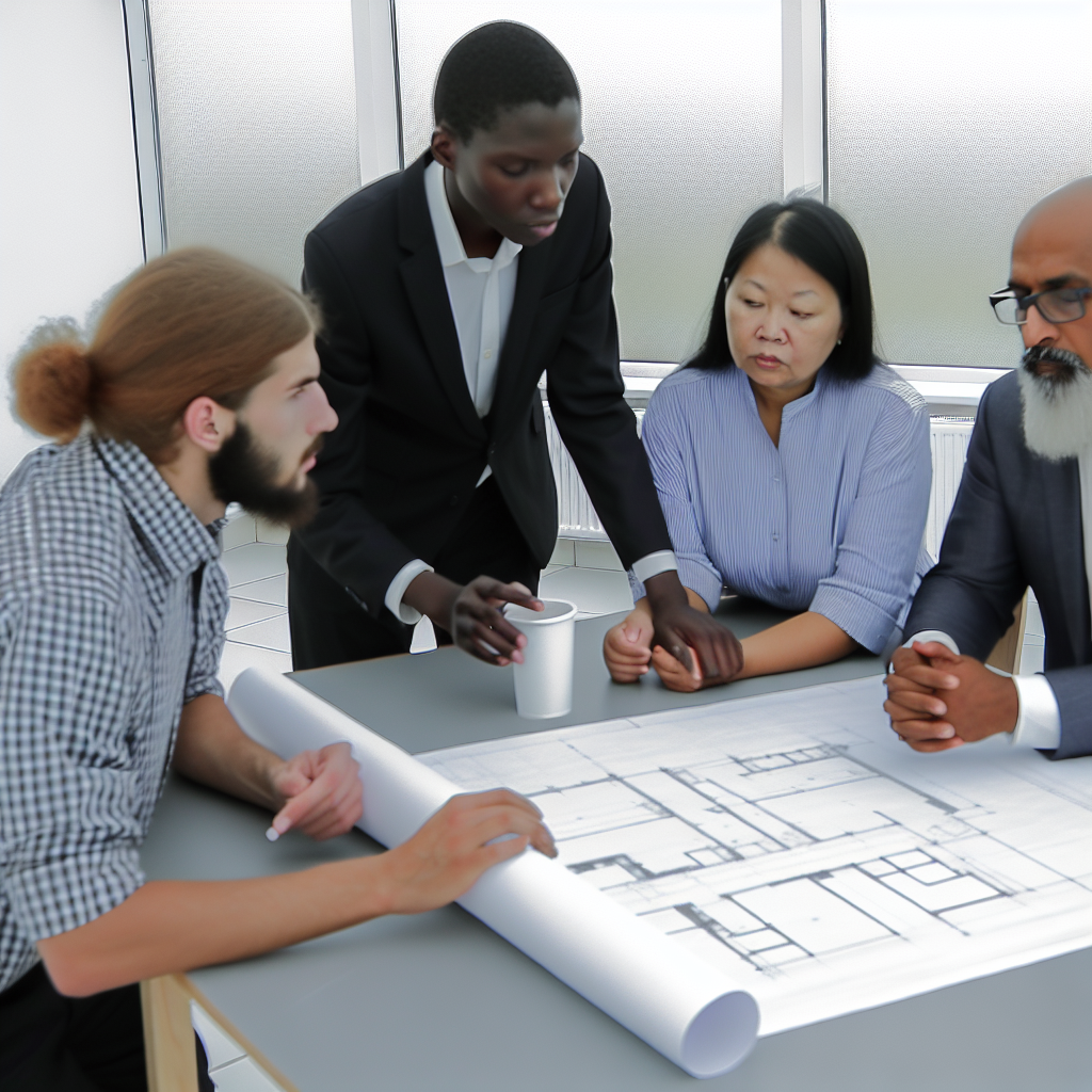A group of people discussing a blueprint.