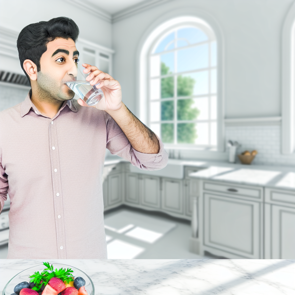 A man drinking water in a bright kitchen with a bowl of fruit in the foreground.