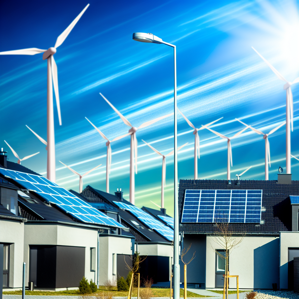 Casele cu panouri solare in fata unei centrale eoliene.