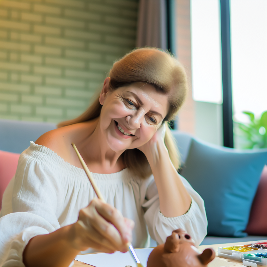 A smiling woman painting a small object while sitting indoors near a window.