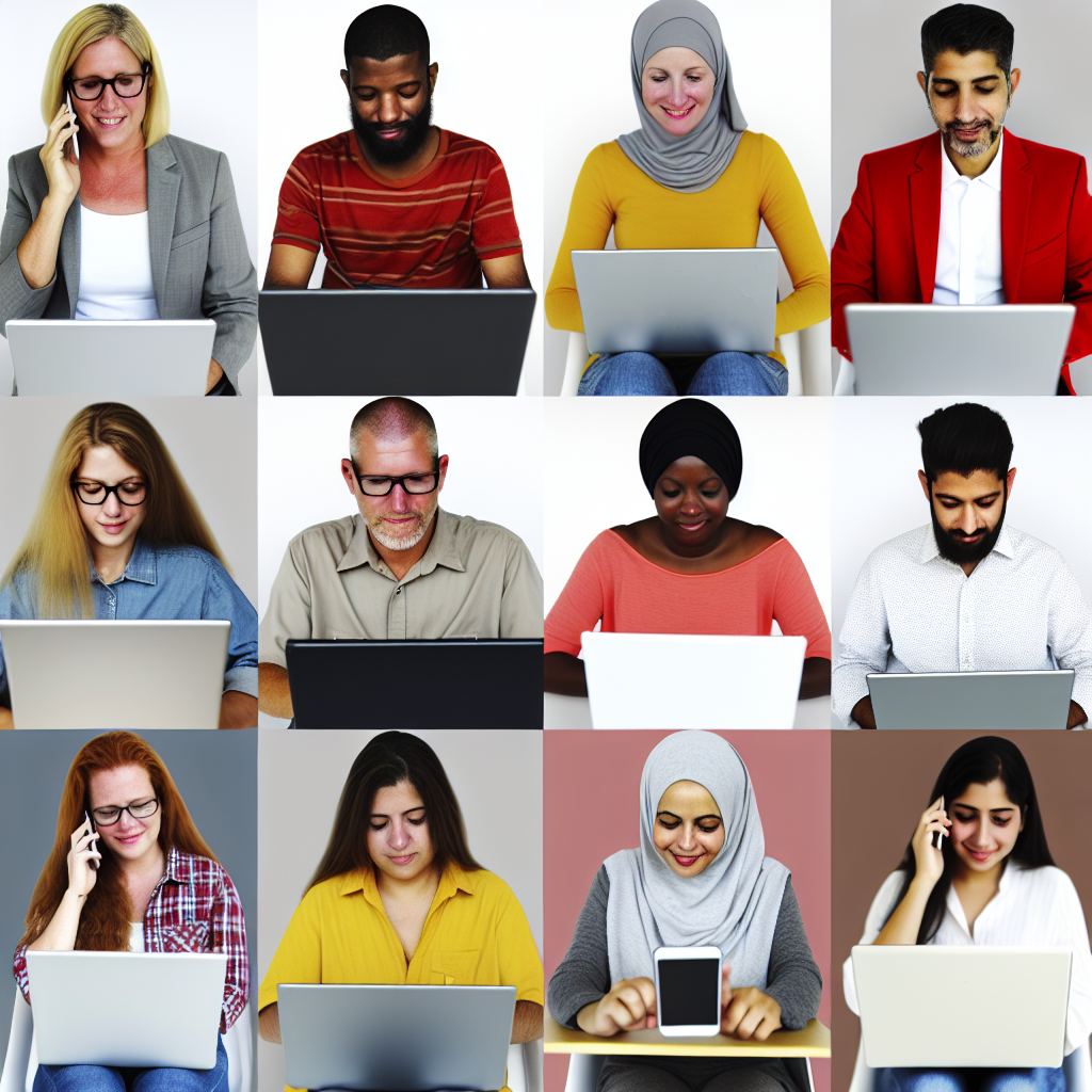 A collage of twelve people using laptops, phones, and tablets.