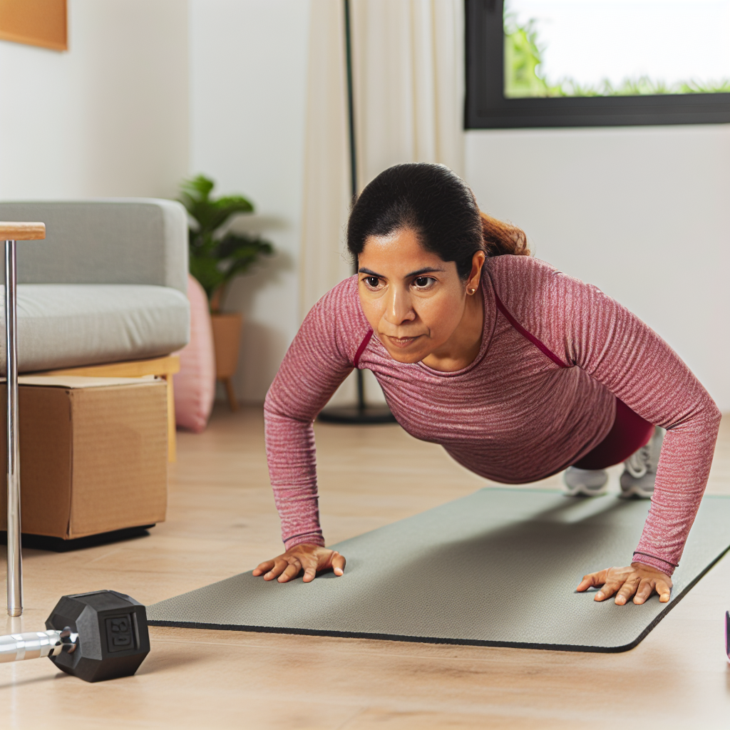 A woman is doing push-ups on a yoga mat in a living room.