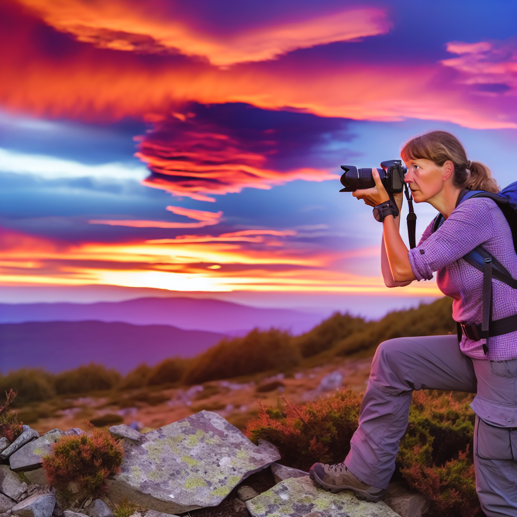 O femeie face o fotografie a unui apus de soare in mijlocul naturii.