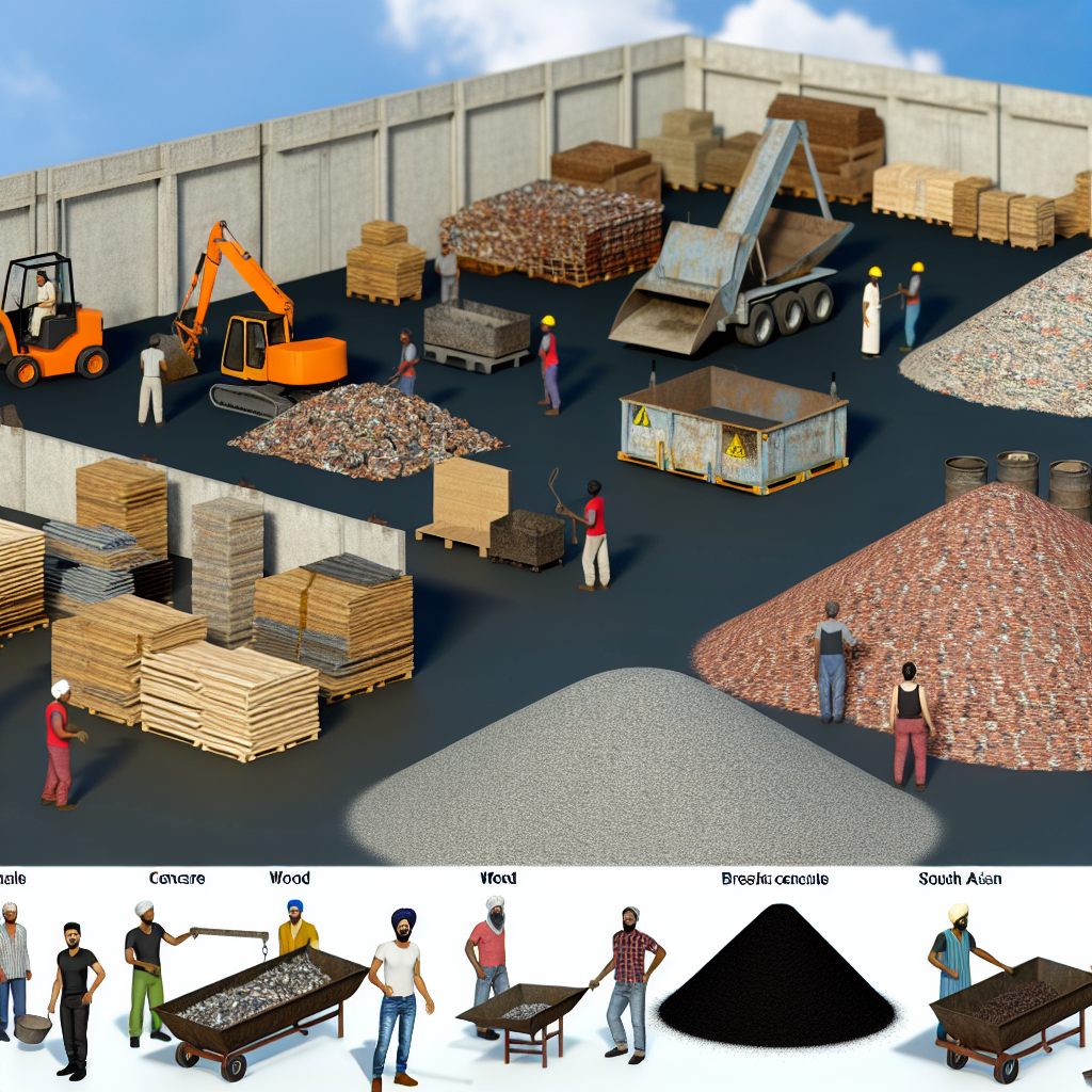 A construction site with workers handling various materials such as wood, cement, and bricks, along with machinery like an excavator and a forklift, and a truck unloading debris.