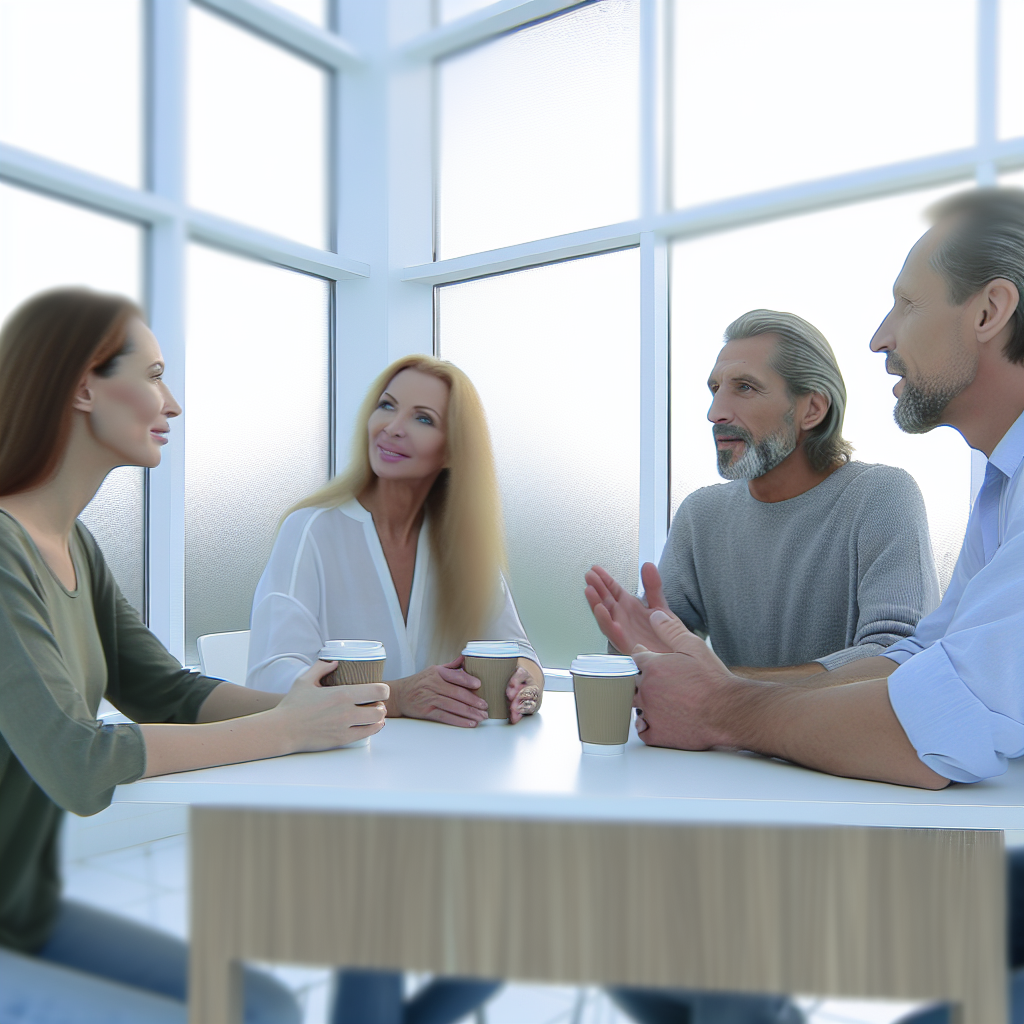 Four people sitting around a table having a conversation and holding coffee cups.